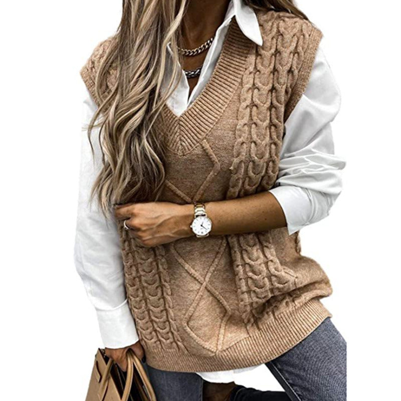 Foreign Trade Cross-border Europe and America Amazon Source Manufacturers Sweater Vest Women's Vest Clip V-neck Sleeveless Twist Sweater