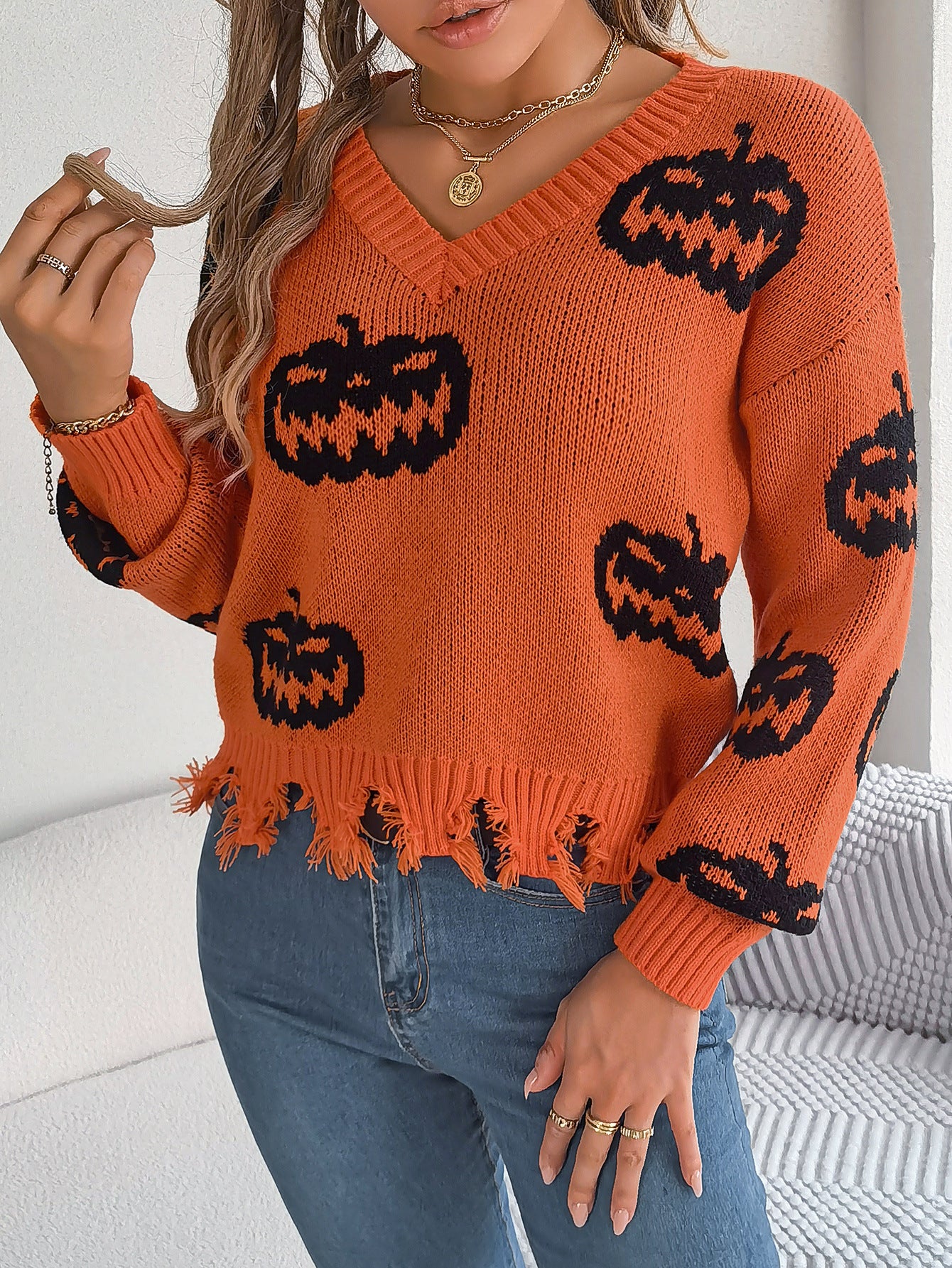 Real Shot of Autumn and Winter European and American Halloween Contrasting Pumpkin Cut Long-Sleeved Pullover Sweater Amazon Cross-Border Women's Clothing