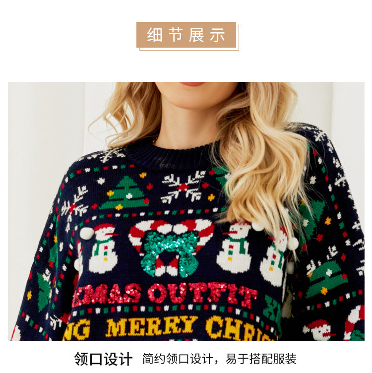 Foreign Trade Amazon European and American Loose Knitwears Autumn and Winter Christmas Tree Round Neck Knitwears Little Snowman Sequined Christmas Knitwears