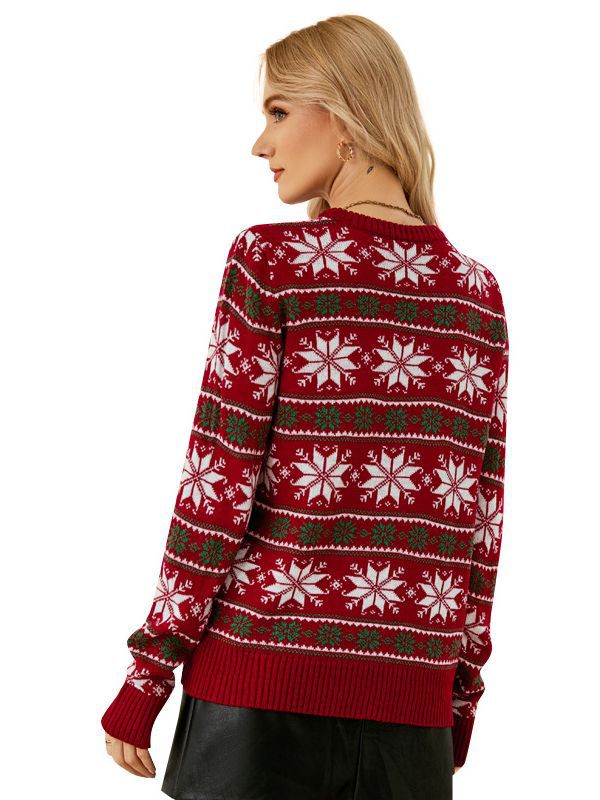 2023 Amazon European and American Round Neck Christmas Red Knitwear Christmas Outfit Long-Sleeved Snowflake Christmas Knitwear