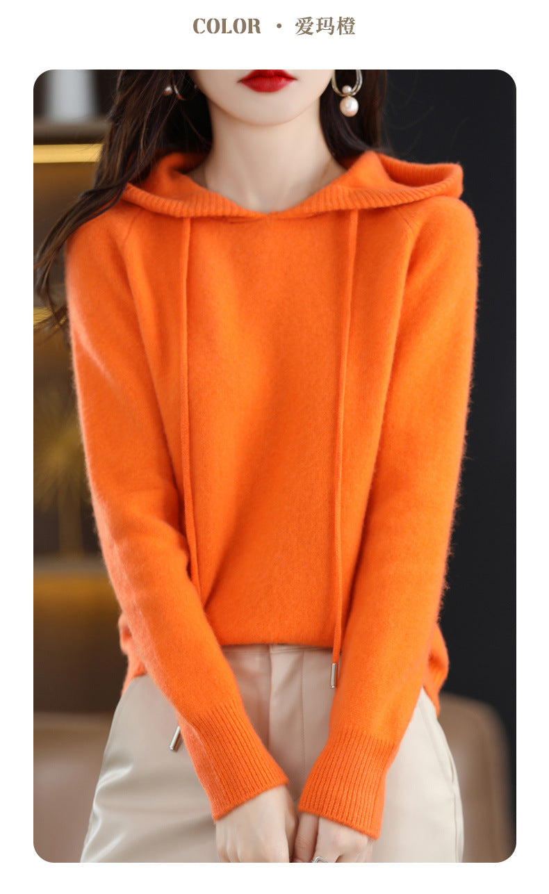 Camel Hooded Sweatshirt Pure Color Outer Hooded Knitted Hoodie Outer Wear Loose Drawstring Casual Pullover Sweater