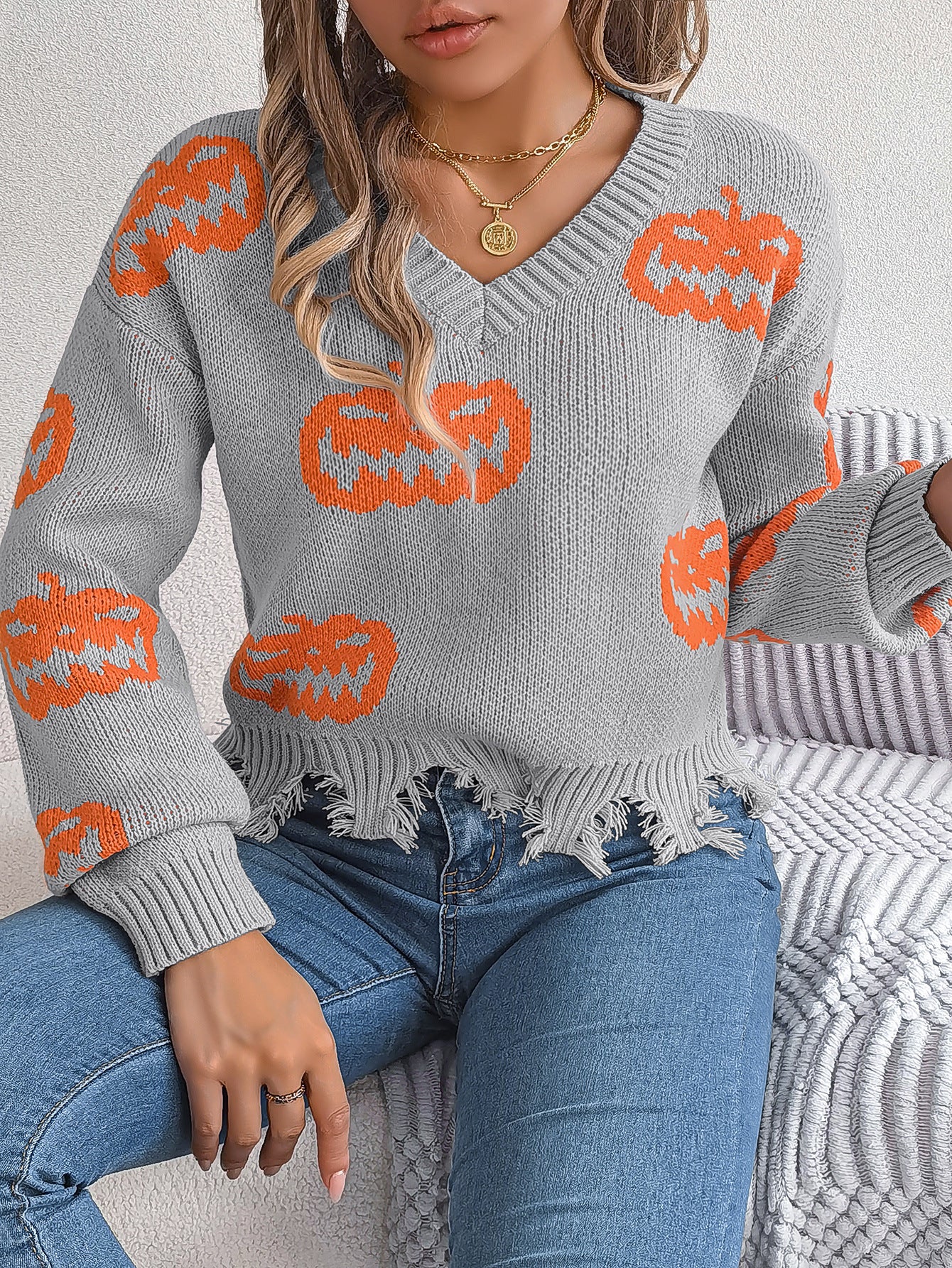 Real Shot of Autumn and Winter European and American Halloween Contrasting Pumpkin Cut Long-Sleeved Pullover Sweater Amazon Cross-Border Women's Clothing