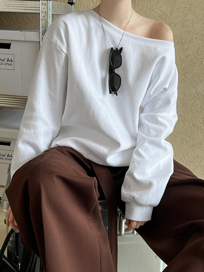 Luxi Relaxed Shoulder Sweatshirt Women's 2025 Autumn New Loose Lazy Style One-Neck Off-Shoulder Top 2809