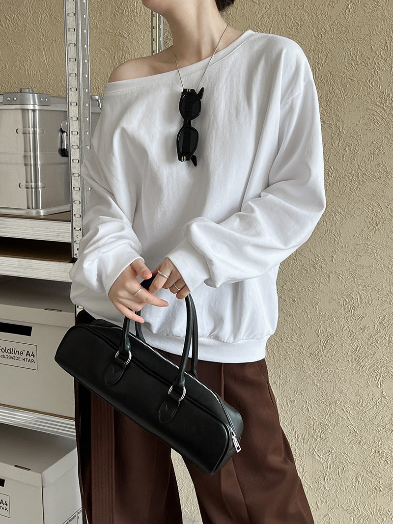 Luxi Relaxed Shoulder Sweatshirt Women's 2025 Autumn New Loose Lazy Style One-Neck Off-Shoulder Top 2809