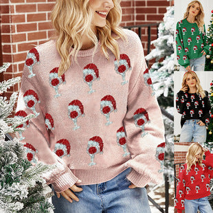 Foreign Trade Amazon European and American Loose Knitwears Autumn and Winter Christmas Tree Round Neck Knitwears Little Snowman Sequined Christmas Knitwears