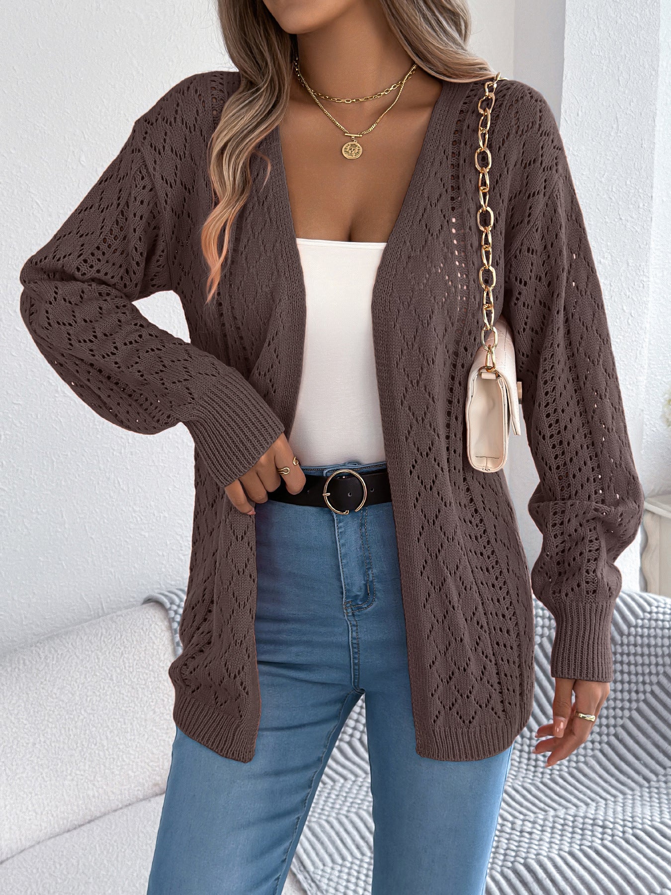 Real Shot of European and American Autumn and Winter Hollow-Out Lantern Long-Sleeve Cardigan Sweater Mid-Length Coat Amazon Cross-Border Women's Clothing