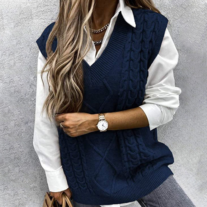 Foreign Trade Cross-border Europe and America Amazon Source Manufacturers Sweater Vest Women's Vest Clip V-neck Sleeveless Twist Sweater