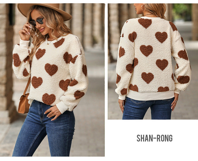Flash velvet 2023 cross-border women's clothing European and American autumn and winter new plush love printing loose long sleeve round neck pullover sweater