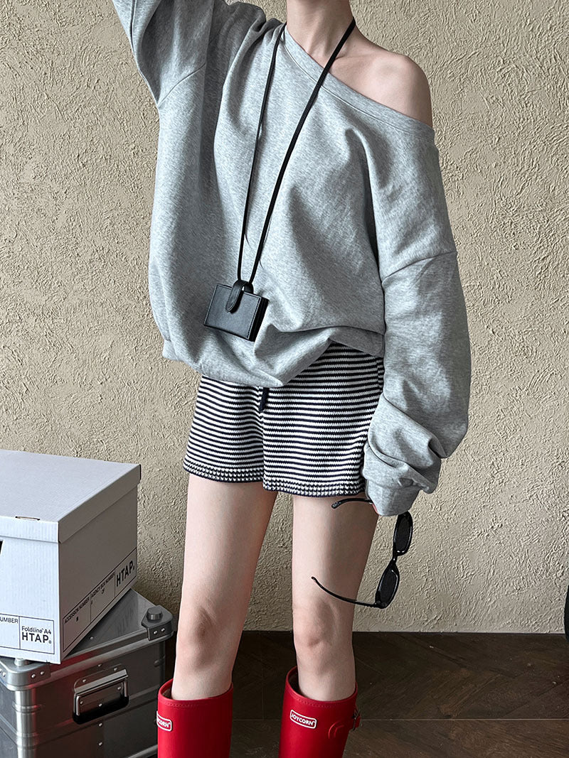 Luxi Relaxed Shoulder Sweatshirt Women's 2025 Autumn New Loose Lazy Style One-Neck Off-Shoulder Top 2809