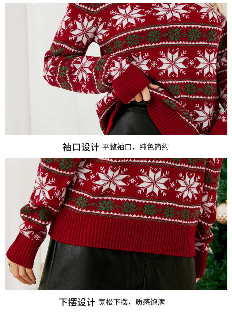 2023 Amazon European and American Round Neck Christmas Red Knitwear Christmas Outfit Long-Sleeved Snowflake Christmas Knitwear
