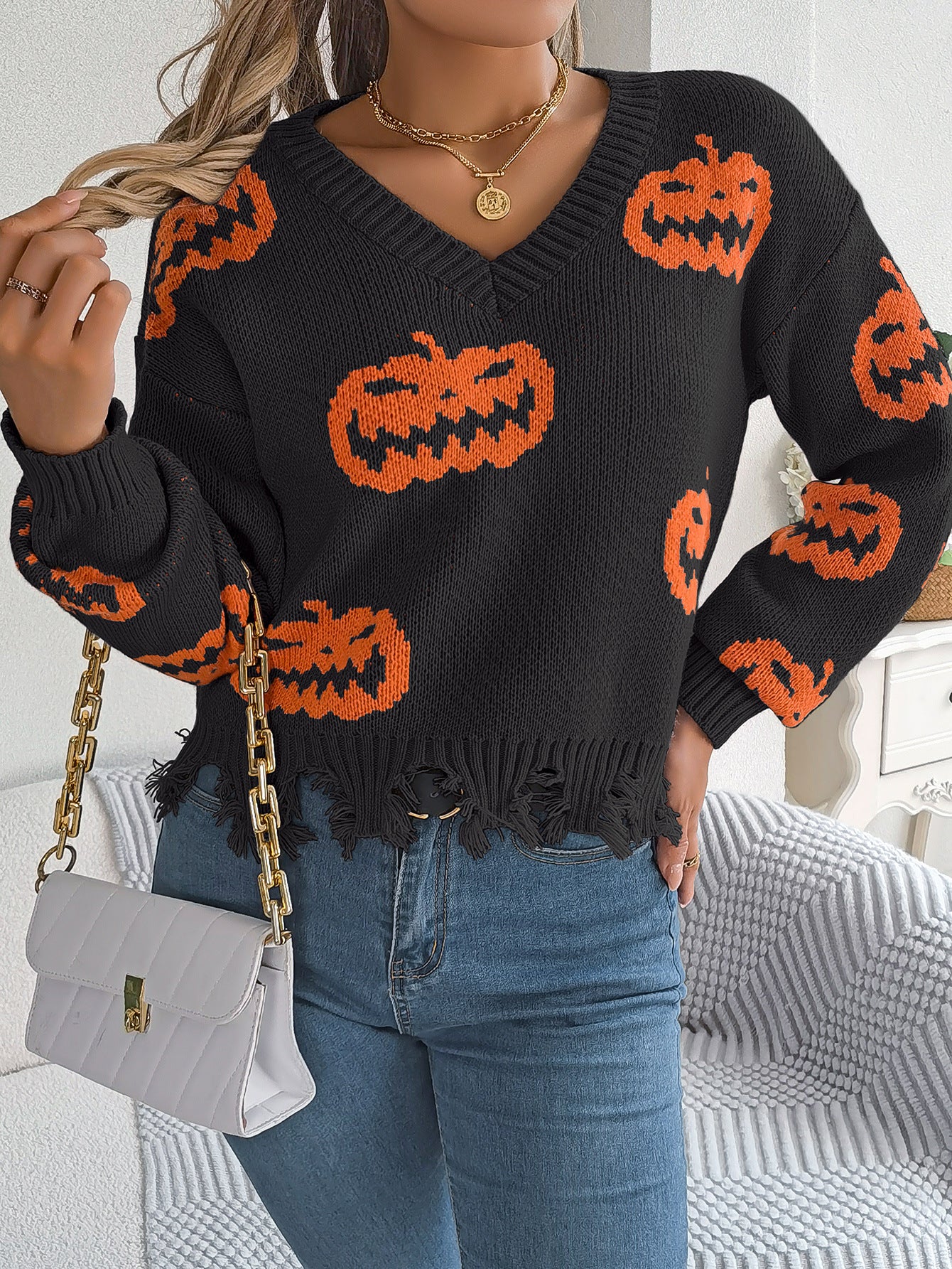 Real Shot of Autumn and Winter European and American Halloween Contrasting Pumpkin Cut Long-Sleeved Pullover Sweater Amazon Cross-Border Women's Clothing