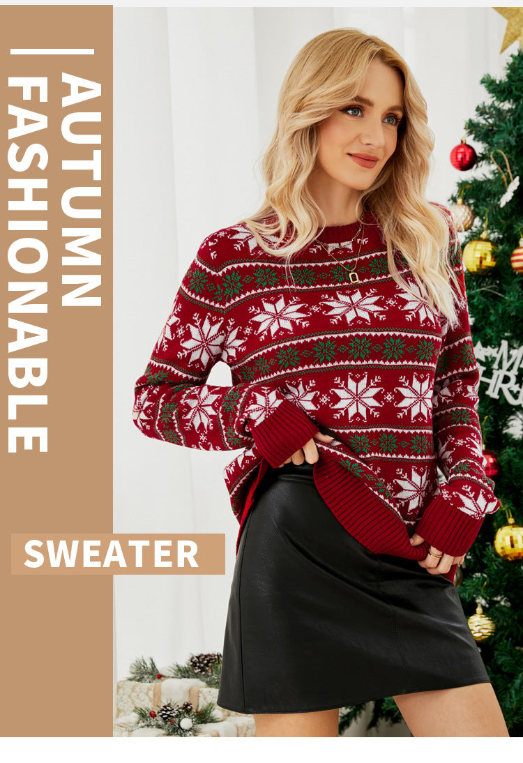2023 Amazon European and American Round Neck Christmas Red Knitwear Christmas Outfit Long-Sleeved Snowflake Christmas Knitwear