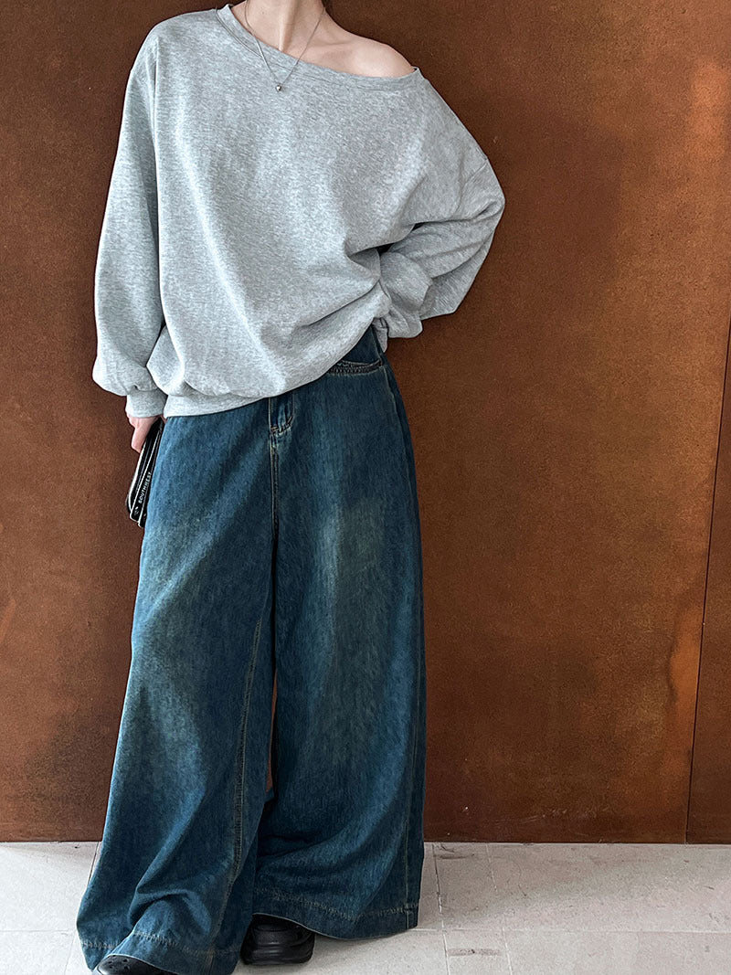 Luxi Relaxed Shoulder Sweatshirt Women's 2025 Autumn New Loose Lazy Style One-Neck Off-Shoulder Top 2809