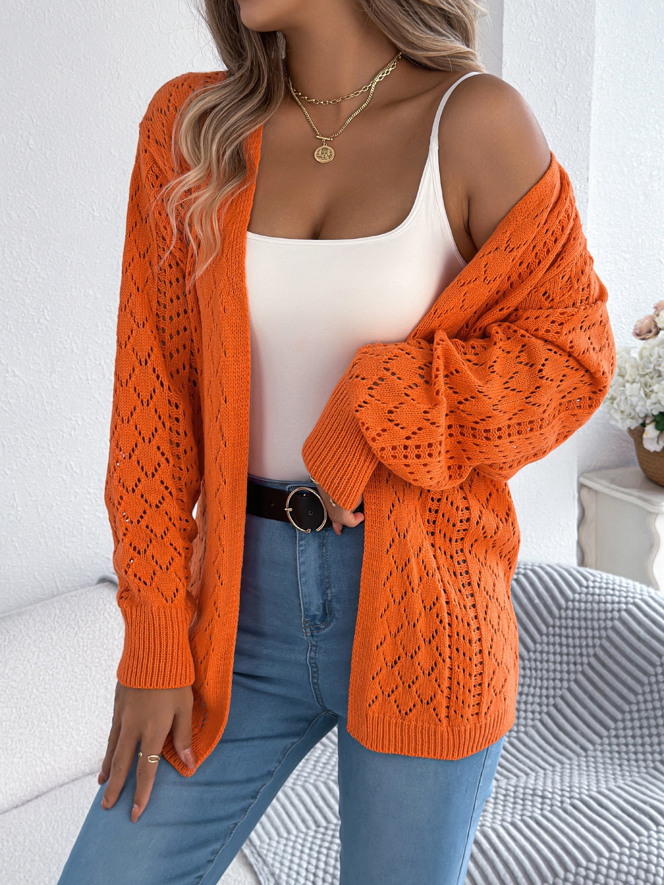 Real Shot of European and American Autumn and Winter Hollow-Out Lantern Long-Sleeve Cardigan Sweater Mid-Length Coat Amazon Cross-Border Women's Clothing