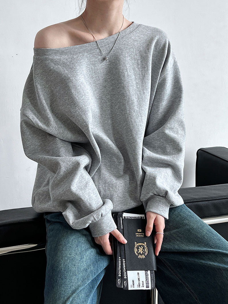 Luxi Relaxed Shoulder Sweatshirt Women's 2025 Autumn New Loose Lazy Style One-Neck Off-Shoulder Top 2809