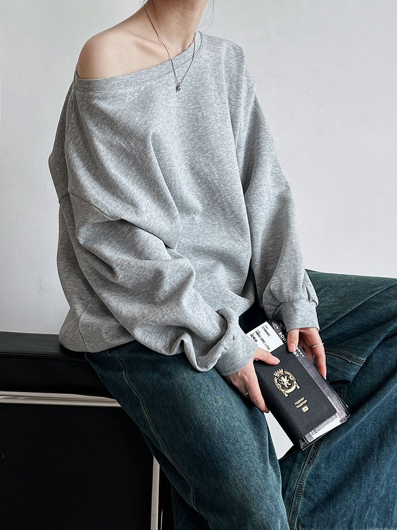 Luxi Relaxed Shoulder Sweatshirt Women's 2025 Autumn New Loose Lazy Style One-Neck Off-Shoulder Top 2809