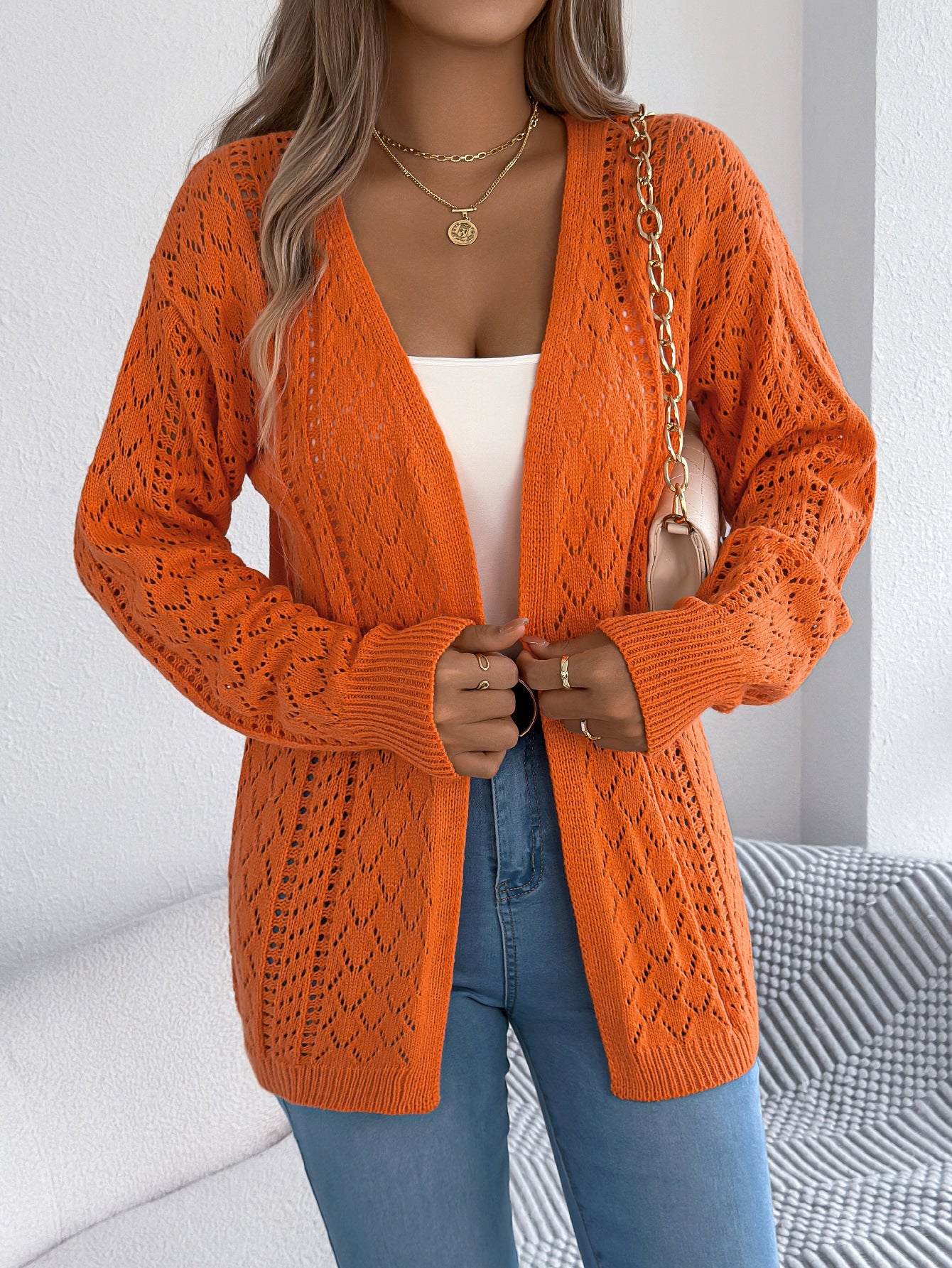 Real Shot of European and American Autumn and Winter Hollow-Out Lantern Long-Sleeve Cardigan Sweater Mid-Length Coat Amazon Cross-Border Women's Clothing