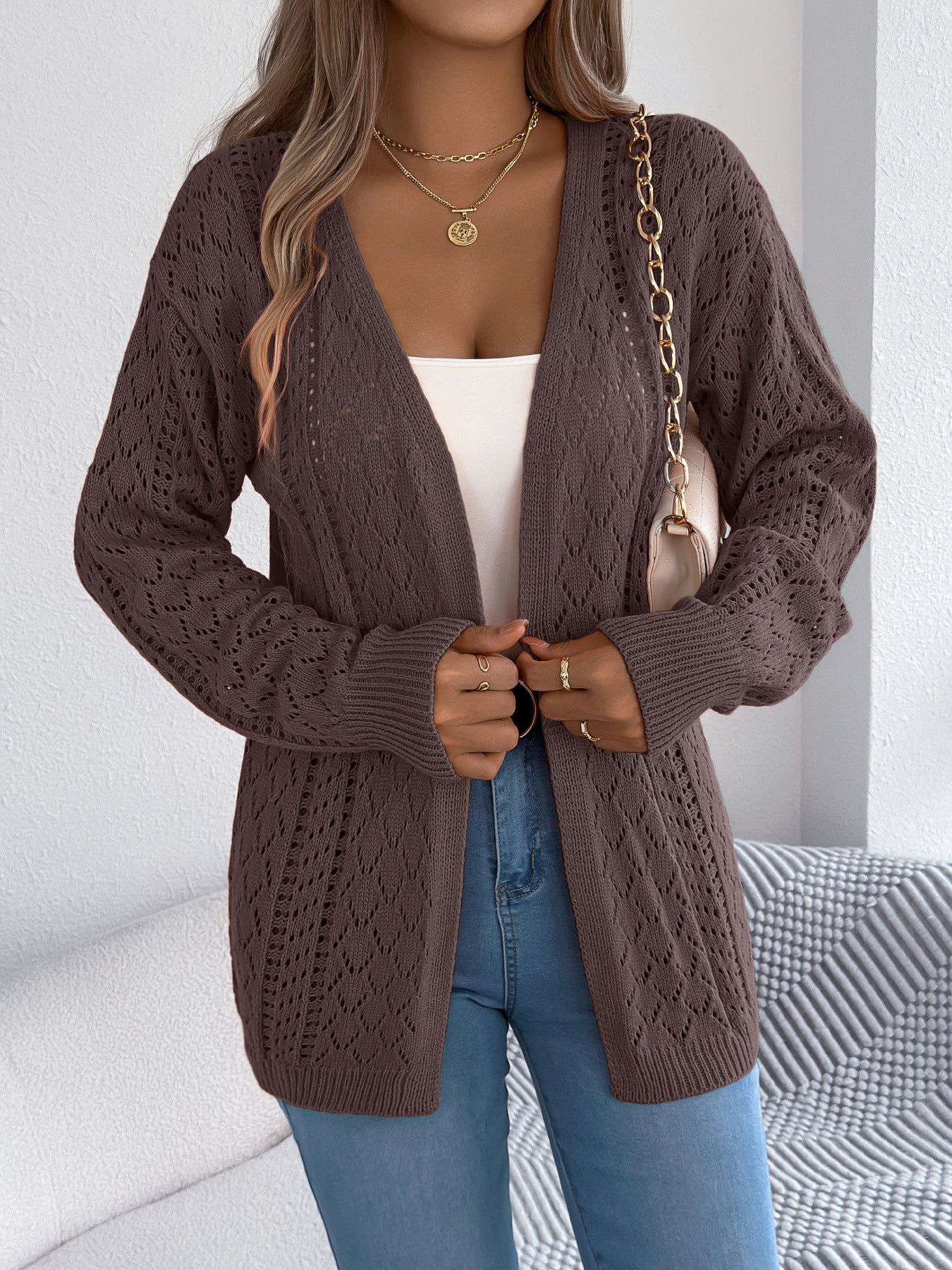 Real Shot of European and American Autumn and Winter Hollow-Out Lantern Long-Sleeve Cardigan Sweater Mid-Length Coat Amazon Cross-Border Women's Clothing