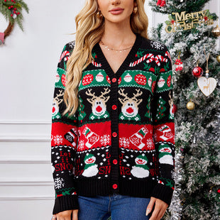 2023 Amazon European and American Round Neck Christmas Red Knitwear Christmas Outfit Long-Sleeved Snowflake Christmas Knitwear