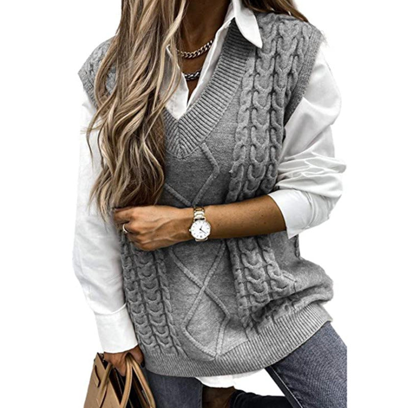 Foreign Trade Cross-border Europe and America Amazon Source Manufacturers Sweater Vest Women's Vest Clip V-neck Sleeveless Twist Sweater
