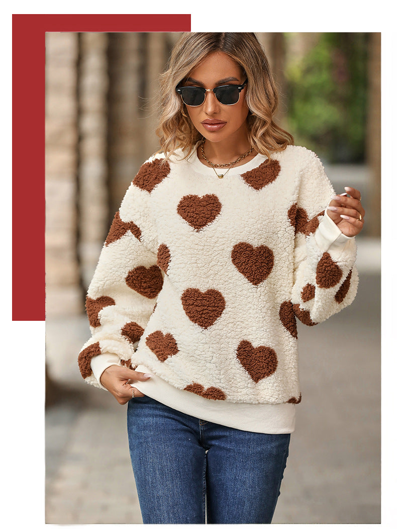 Flash velvet 2023 cross-border women's clothing European and American autumn and winter new plush love printing loose long sleeve round neck pullover sweater