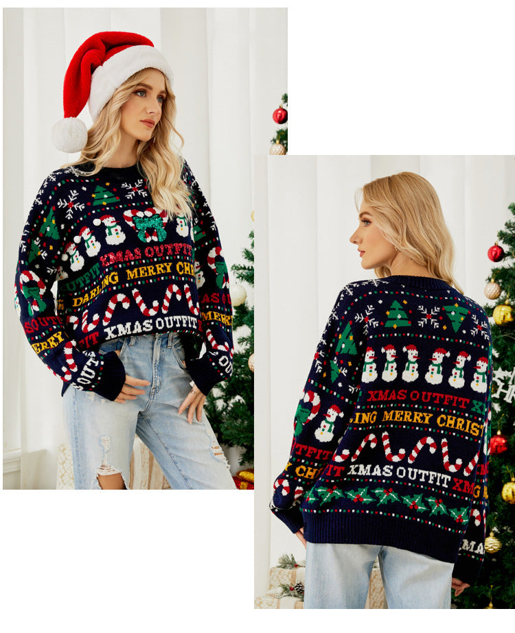 Foreign Trade Amazon European and American Loose Knitwears Autumn and Winter Christmas Tree Round Neck Knitwears Little Snowman Sequined Christmas Knitwears