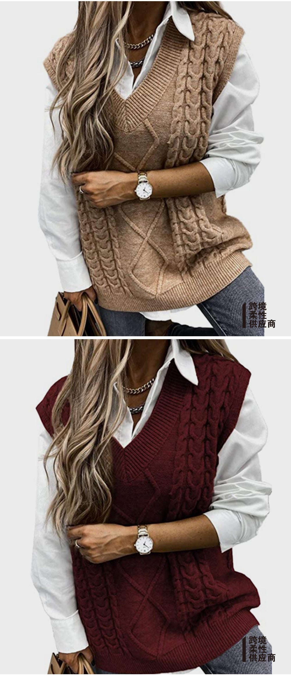 Foreign Trade Cross-border Europe and America Amazon Source Manufacturers Sweater Vest Women's Vest Clip V-neck Sleeveless Twist Sweater