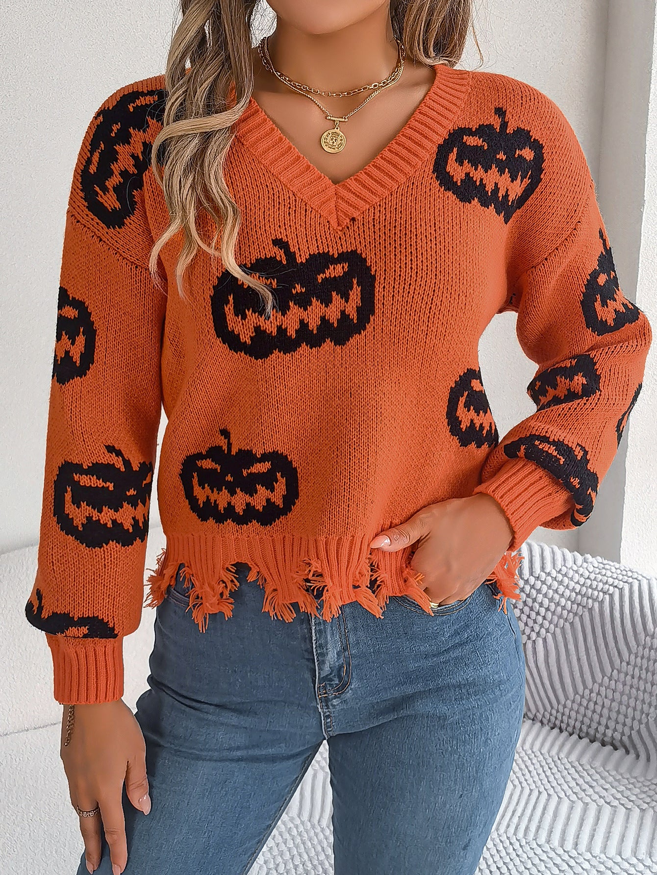Real Shot of Autumn and Winter European and American Halloween Contrasting Pumpkin Cut Long-Sleeved Pullover Sweater Amazon Cross-Border Women's Clothing
