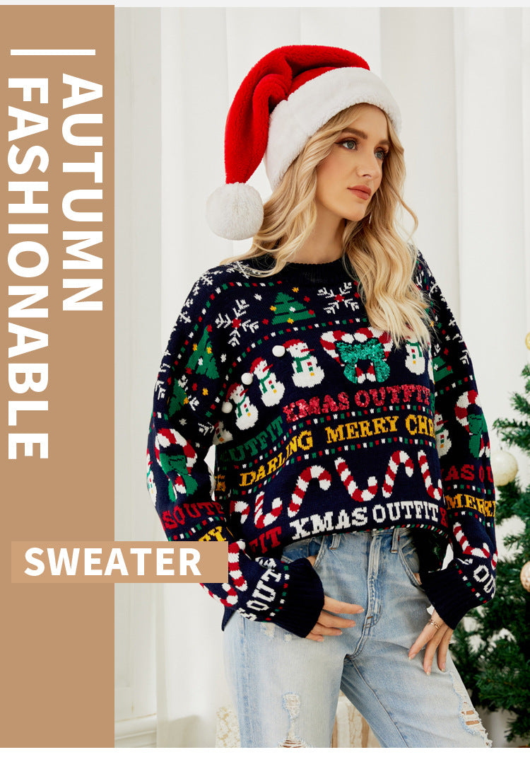 Foreign Trade Amazon European and American Loose Knitwears Autumn and Winter Christmas Tree Round Neck Knitwears Little Snowman Sequined Christmas Knitwears