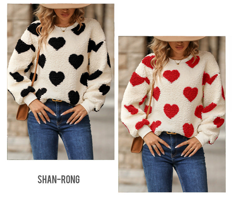 Flash velvet 2023 cross-border women's clothing European and American autumn and winter new plush love printing loose long sleeve round neck pullover sweater