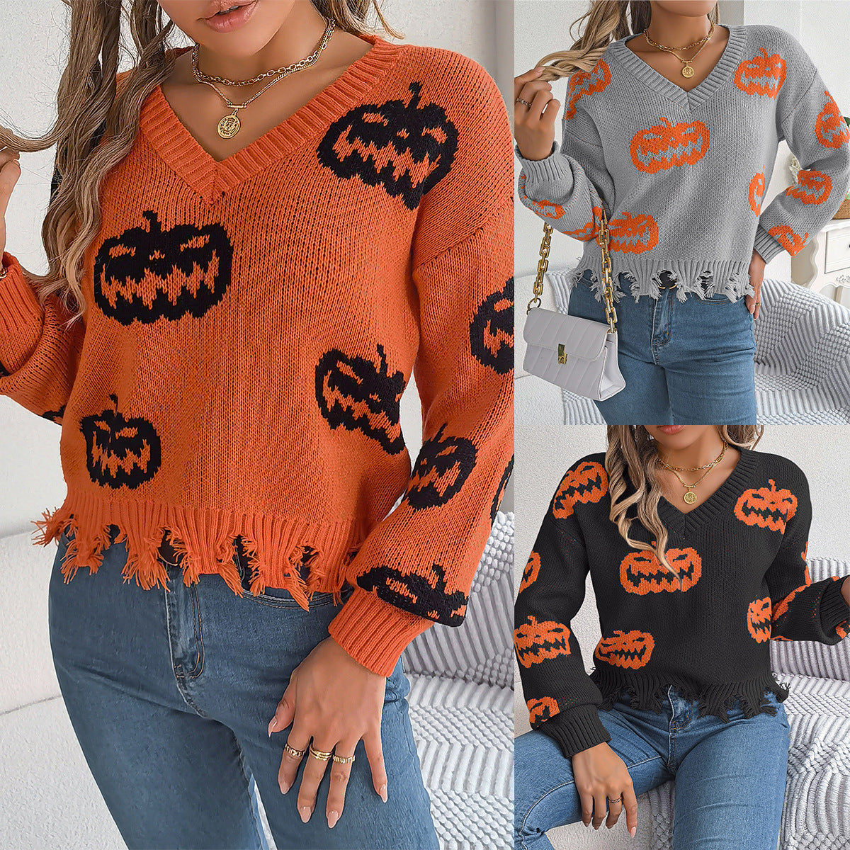 Real Shot of Autumn and Winter European and American Halloween Contrasting Pumpkin Cut Long-Sleeved Pullover Sweater Amazon Cross-Border Women's Clothing