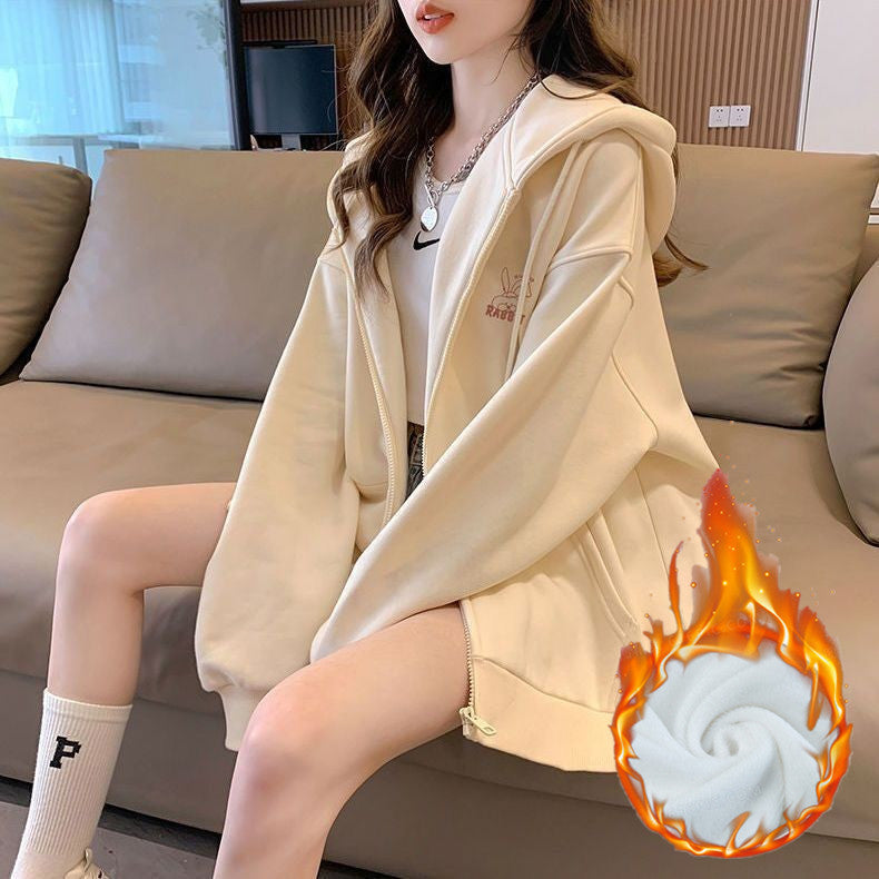 Embroidered Pattern Hooded Sweatshirt Girls' Cardigan Jacket 2026 Spring, Autumn and Winter New Style Lazy Style Loose Long-Sleeved Top