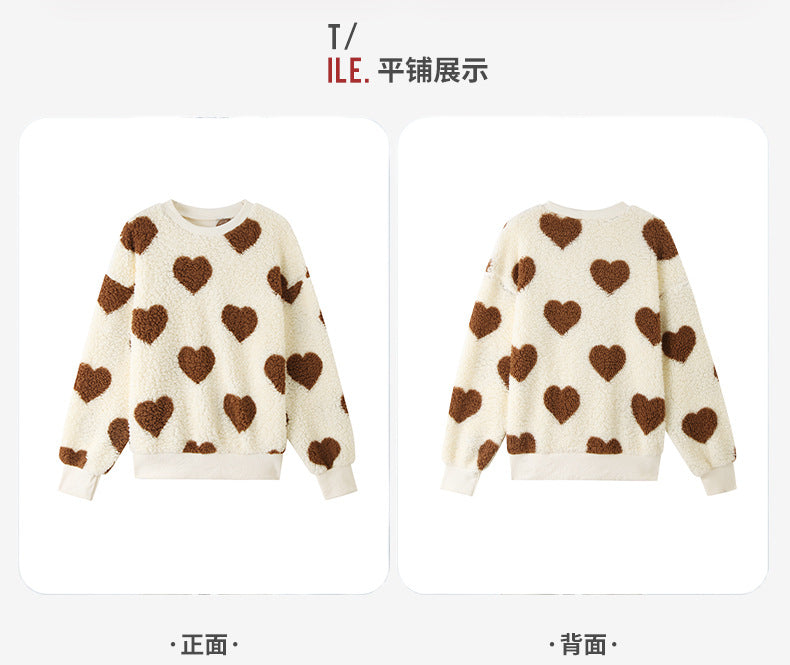 Flash velvet 2023 cross-border women's clothing European and American autumn and winter new plush love printing loose long sleeve round neck pullover sweater