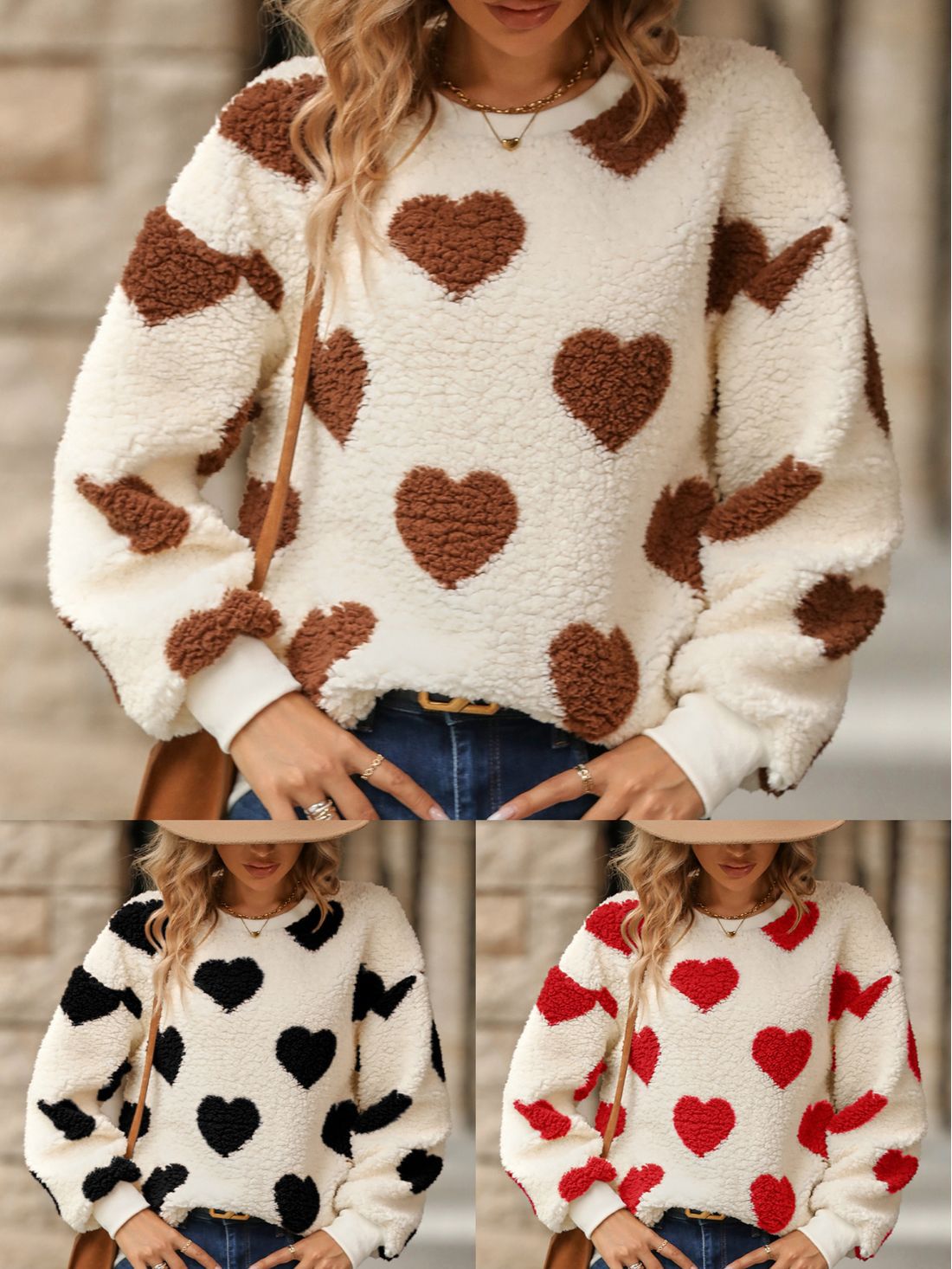 Flash velvet 2023 cross-border women's clothing European and American autumn and winter new plush love printing loose long sleeve round neck pullover sweater