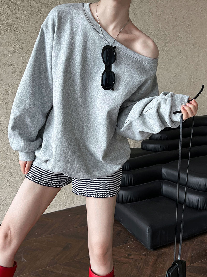 Luxi Relaxed Shoulder Sweatshirt Women's 2025 Autumn New Loose Lazy Style One-Neck Off-Shoulder Top 2809
