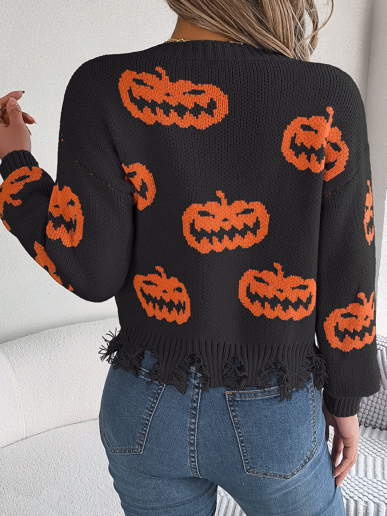 Real Shot of Autumn and Winter European and American Halloween Contrasting Pumpkin Cut Long-Sleeved Pullover Sweater Amazon Cross-Border Women's Clothing