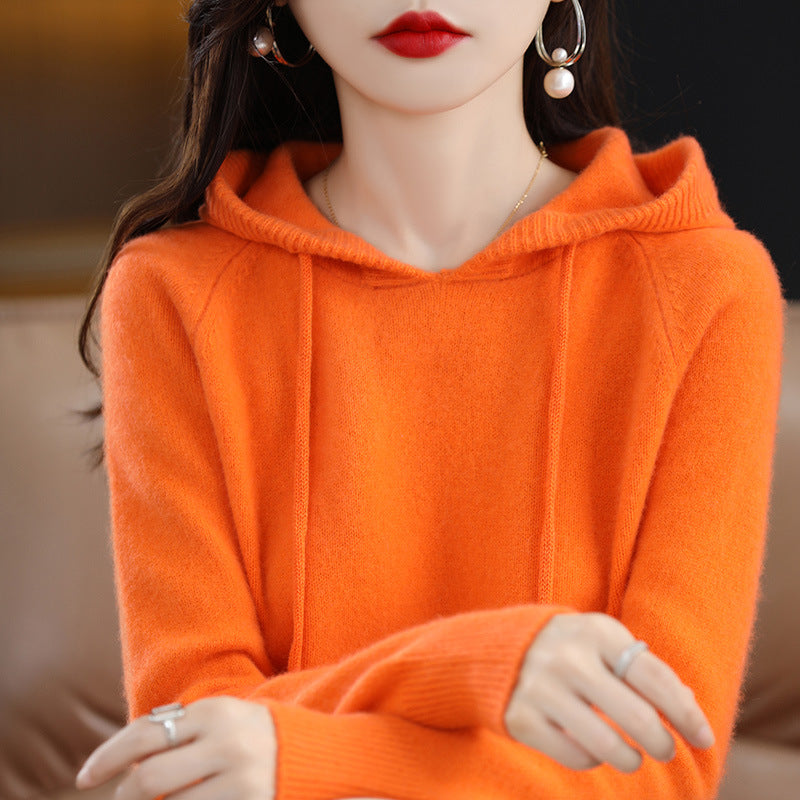 Camel Hooded Sweatshirt Pure Color Outer Hooded Knitted Hoodie Outer Wear Loose Drawstring Casual Pullover Sweater