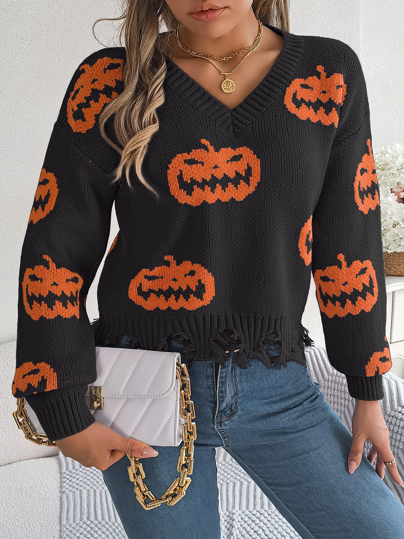 Real Shot of Autumn and Winter European and American Halloween Contrasting Pumpkin Cut Long-Sleeved Pullover Sweater Amazon Cross-Border Women's Clothing