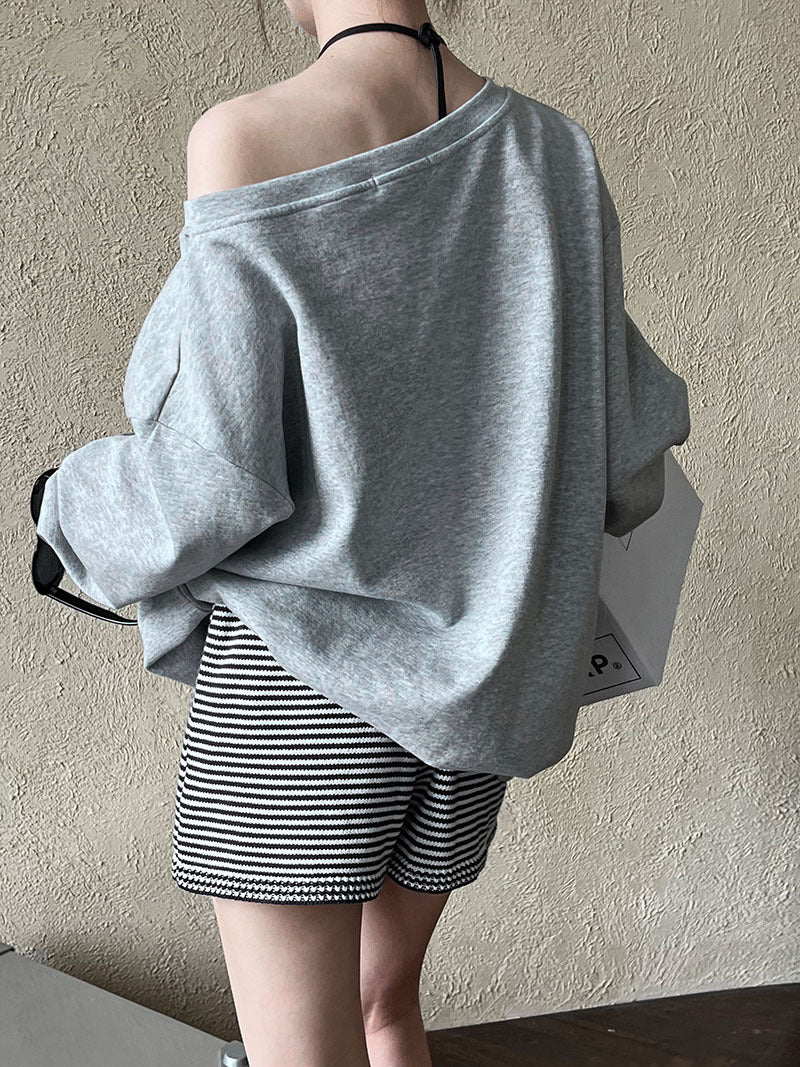 Luxi Relaxed Shoulder Sweatshirt Women's 2025 Autumn New Loose Lazy Style One-Neck Off-Shoulder Top 2809