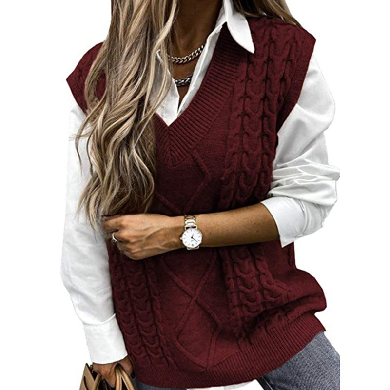 Foreign Trade Cross-border Europe and America Amazon Source Manufacturers Sweater Vest Women's Vest Clip V-neck Sleeveless Twist Sweater