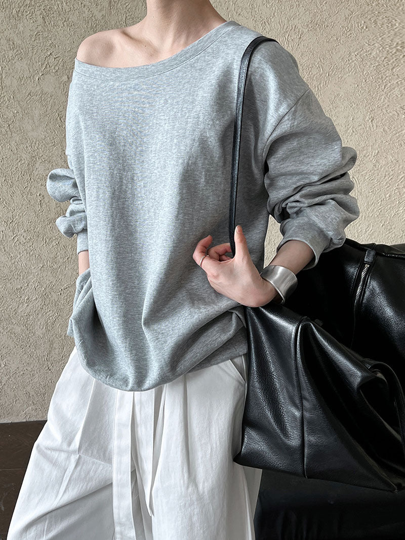 Luxi Relaxed Shoulder Sweatshirt Women's 2025 Autumn New Loose Lazy Style One-Neck Off-Shoulder Top 2809