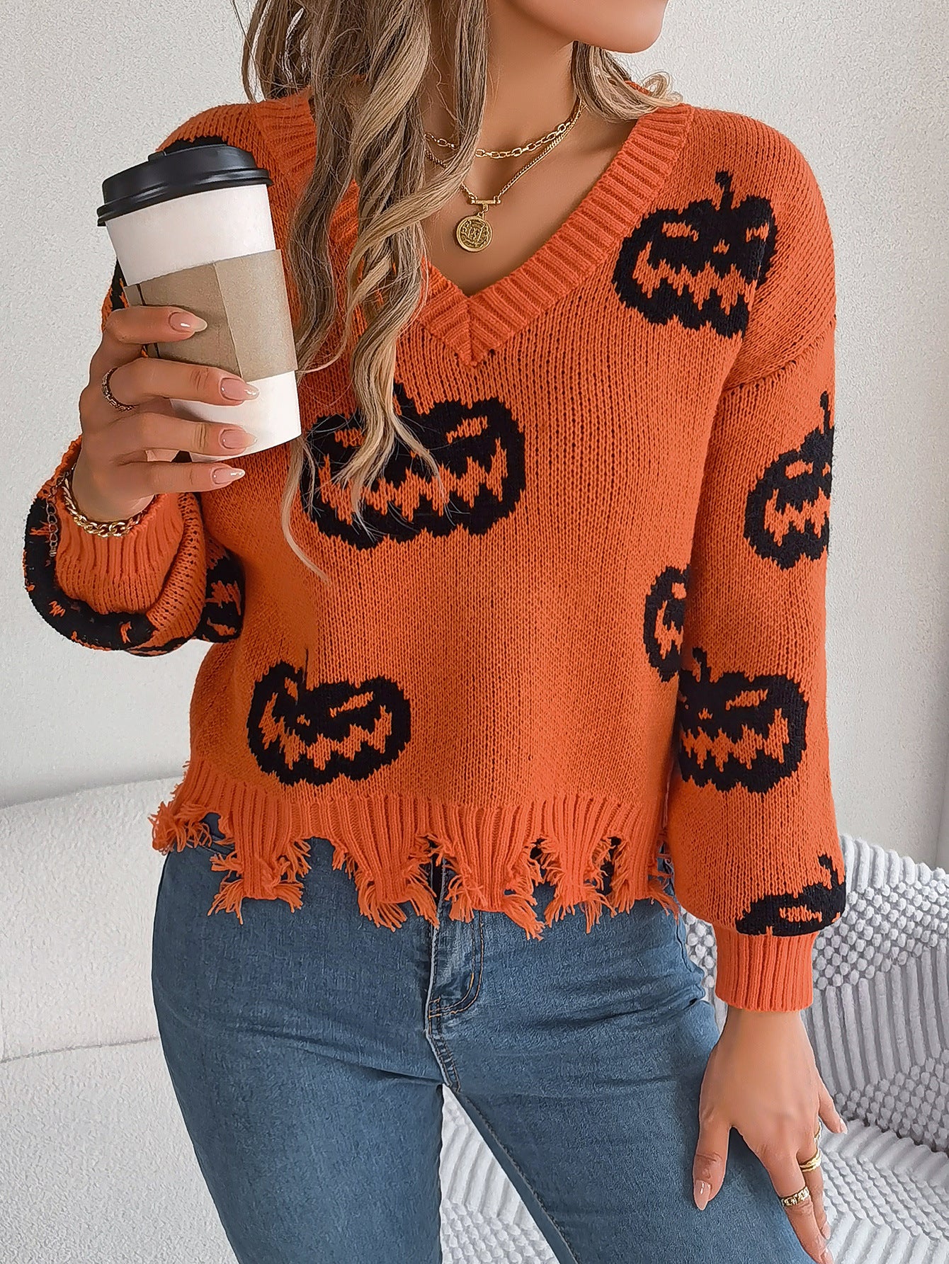 Real Shot of Autumn and Winter European and American Halloween Contrasting Pumpkin Cut Long-Sleeved Pullover Sweater Amazon Cross-Border Women's Clothing