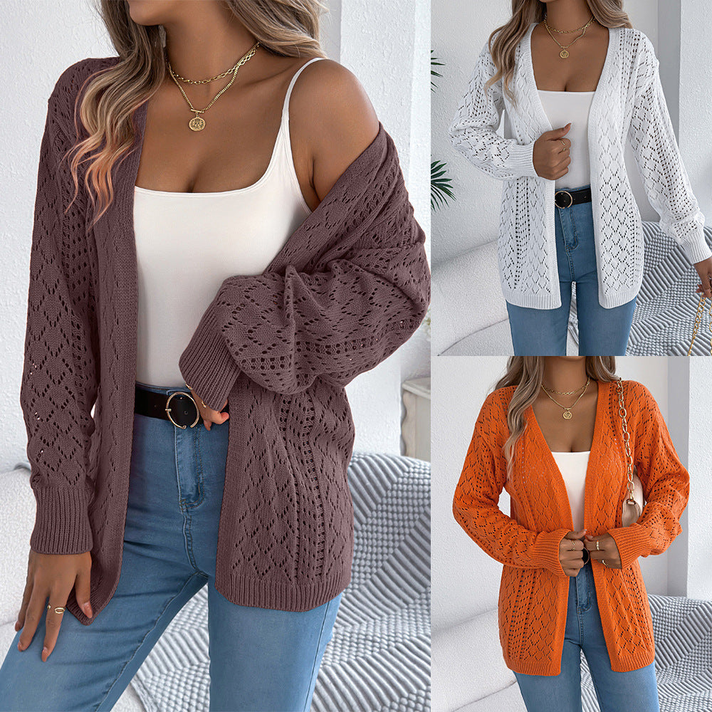 Real Shot of European and American Autumn and Winter Hollow-Out Lantern Long-Sleeve Cardigan Sweater Mid-Length Coat Amazon Cross-Border Women's Clothing