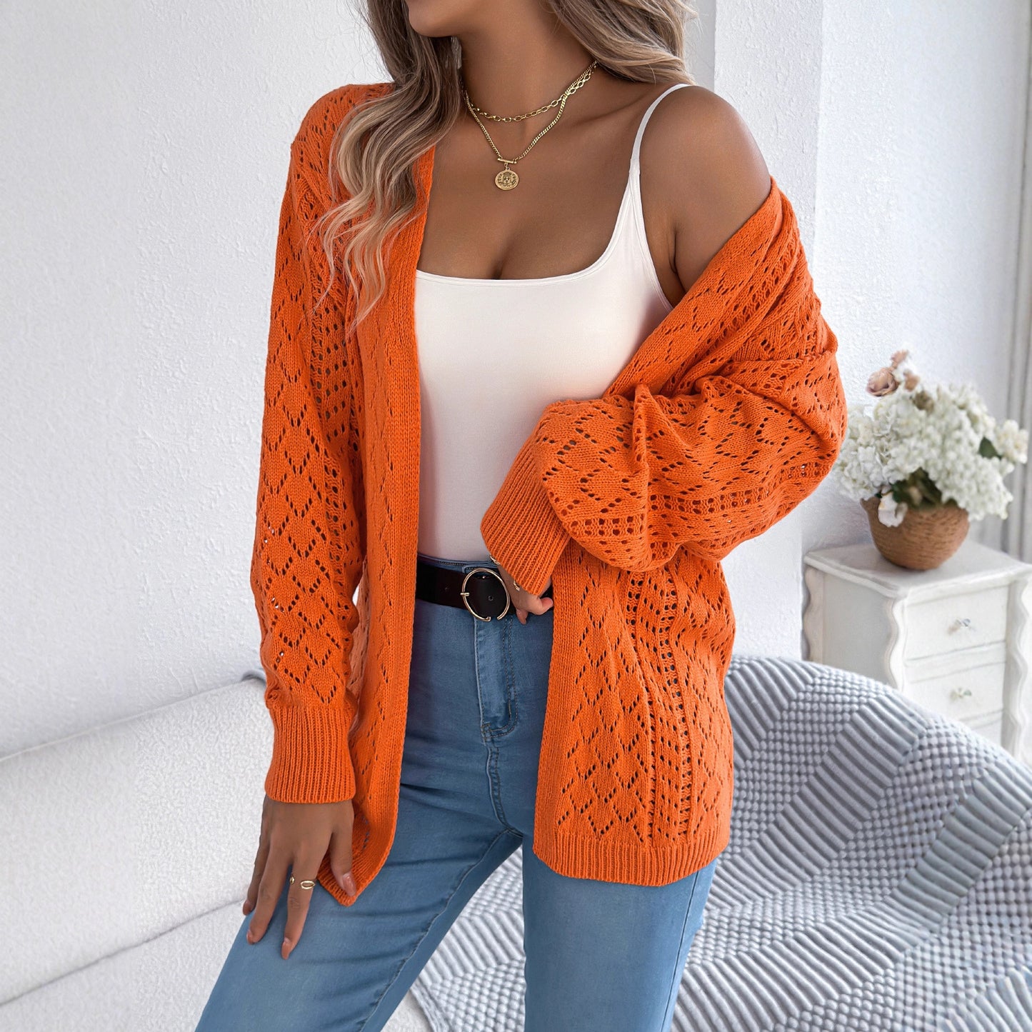 Real Shot of European and American Autumn and Winter Hollow-Out Lantern Long-Sleeve Cardigan Sweater Mid-Length Coat Amazon Cross-Border Women's Clothing