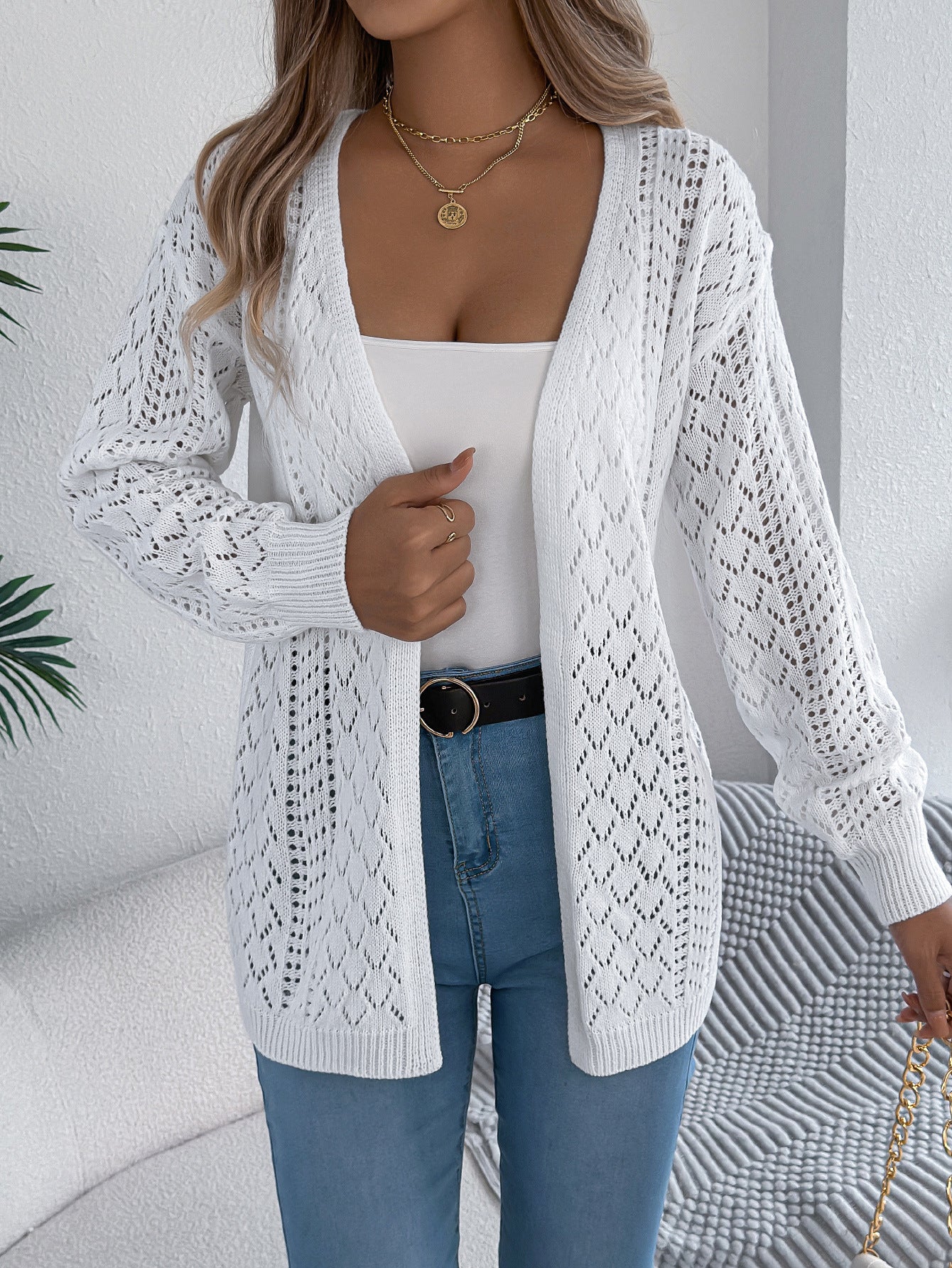 Real Shot of European and American Autumn and Winter Hollow-Out Lantern Long-Sleeve Cardigan Sweater Mid-Length Coat Amazon Cross-Border Women's Clothing