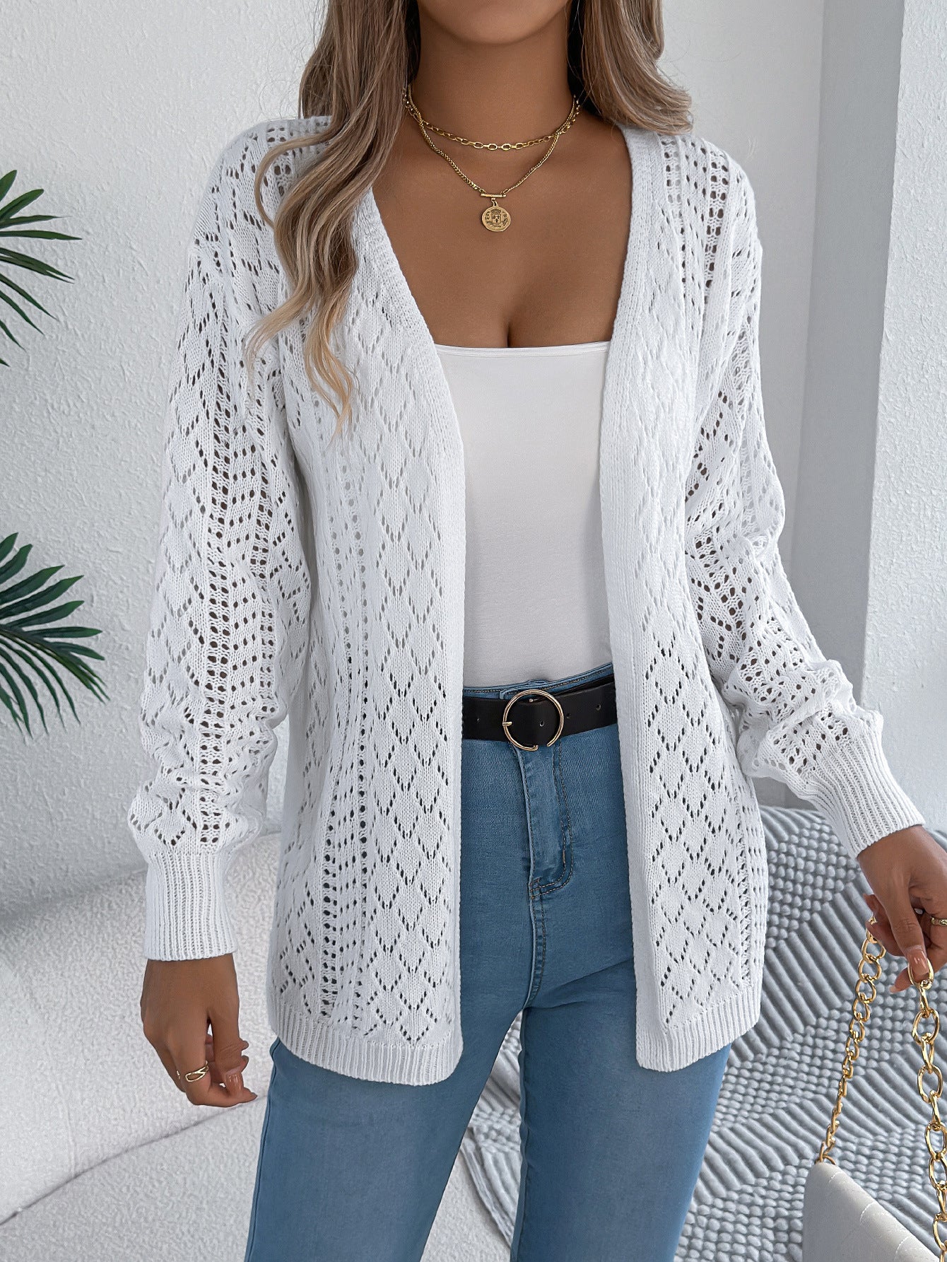 Real Shot of European and American Autumn and Winter Hollow-Out Lantern Long-Sleeve Cardigan Sweater Mid-Length Coat Amazon Cross-Border Women's Clothing