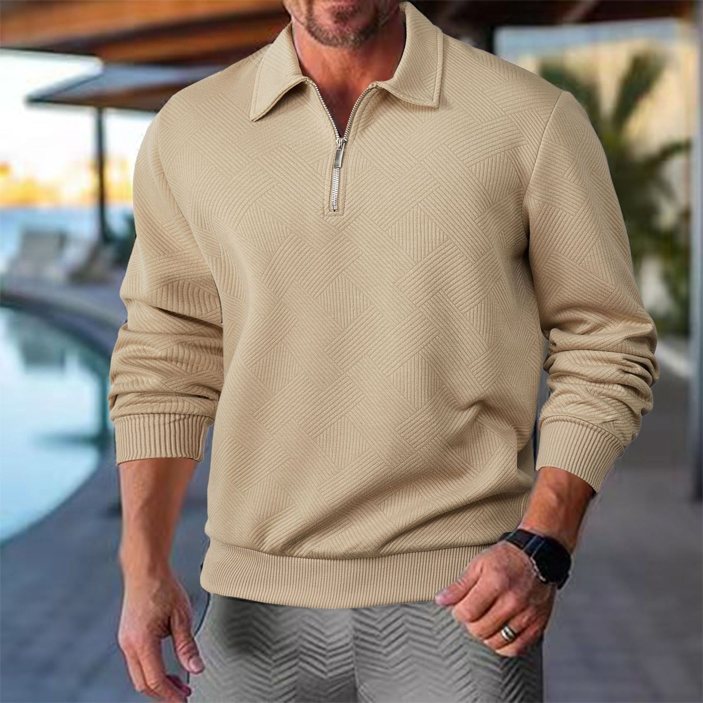 Cross-Border Men's Clothing Amazon American Retro Heavyweight Autumn Sweatshirt Jacquard Long-Sleeved Lapel Half-Zip Men's Top