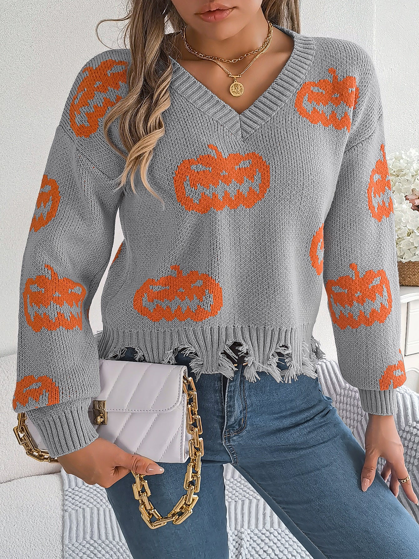 Real Shot of Autumn and Winter European and American Halloween Contrasting Pumpkin Cut Long-Sleeved Pullover Sweater Amazon Cross-Border Women's Clothing