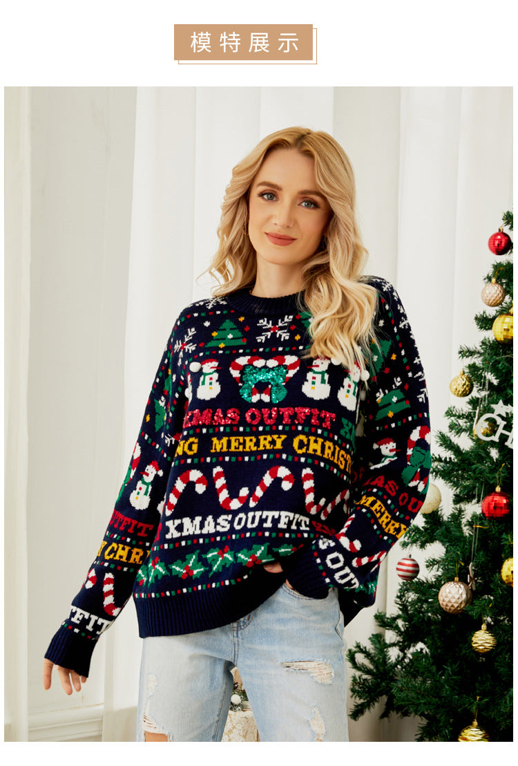 Foreign Trade Amazon European and American Loose Knitwears Autumn and Winter Christmas Tree Round Neck Knitwears Little Snowman Sequined Christmas Knitwears