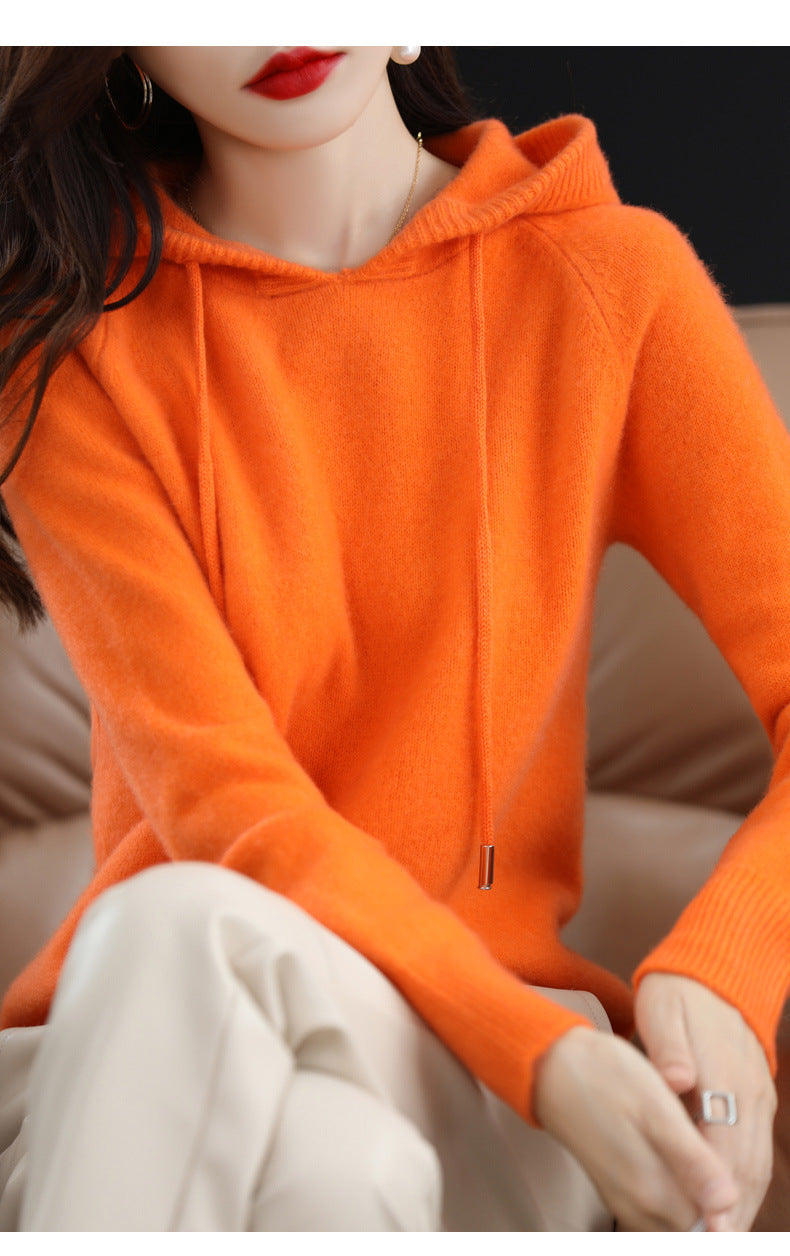 Camel Hooded Sweatshirt Pure Color Outer Hooded Knitted Hoodie Outer Wear Loose Drawstring Casual Pullover Sweater